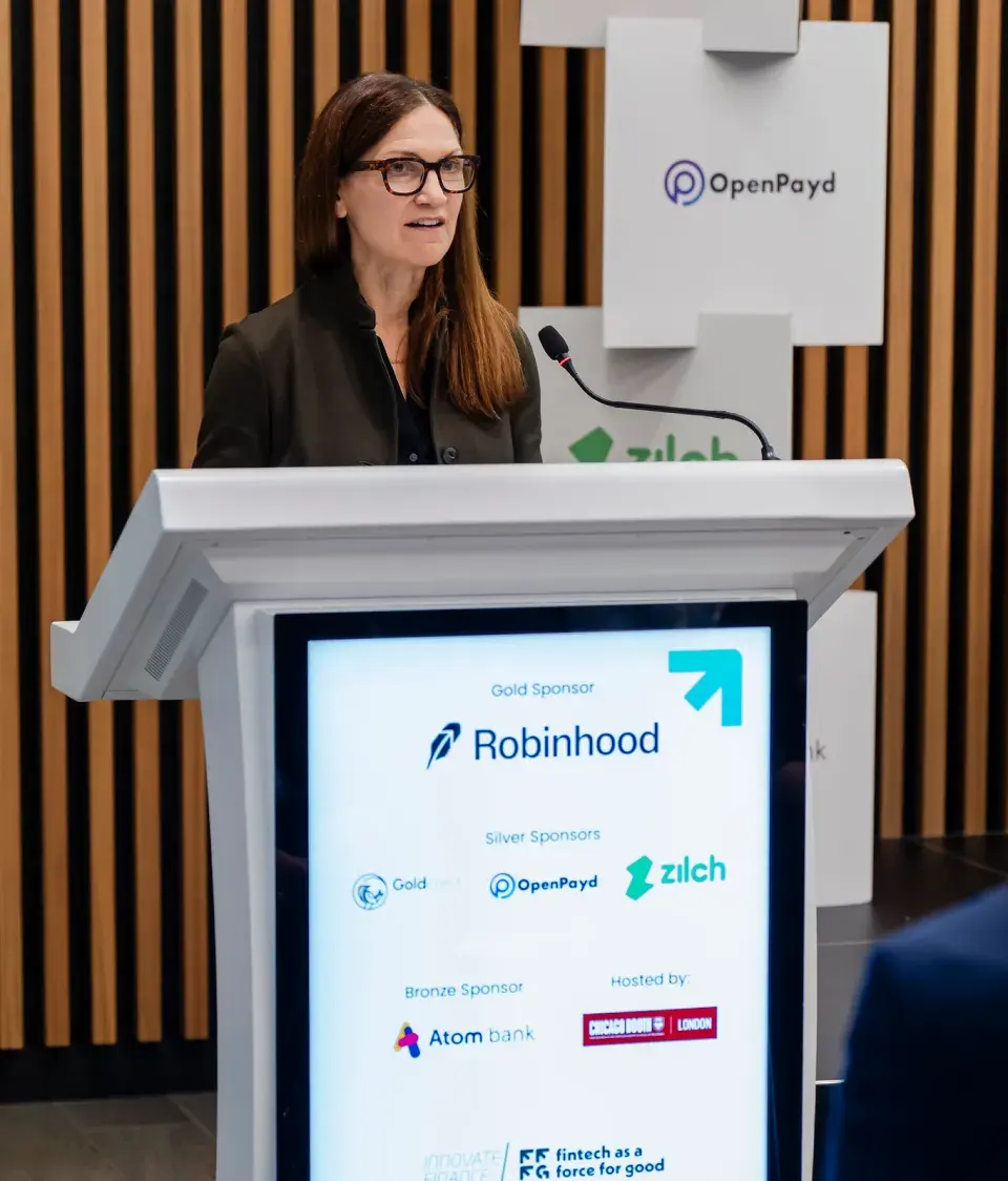 Sponsorship branding display at FinTech as a Force for Good forum